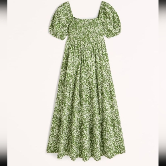 Abercrombie & Fitch Dresses & Skirts - Abercrombie Smocked Bodice Linen-Blend Midi Dress Green Pattern